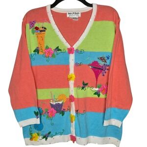 Vtg Jack B Quick Tropical Cocktail Cardigan XL Novelty Beaded Striped‎ Sweater